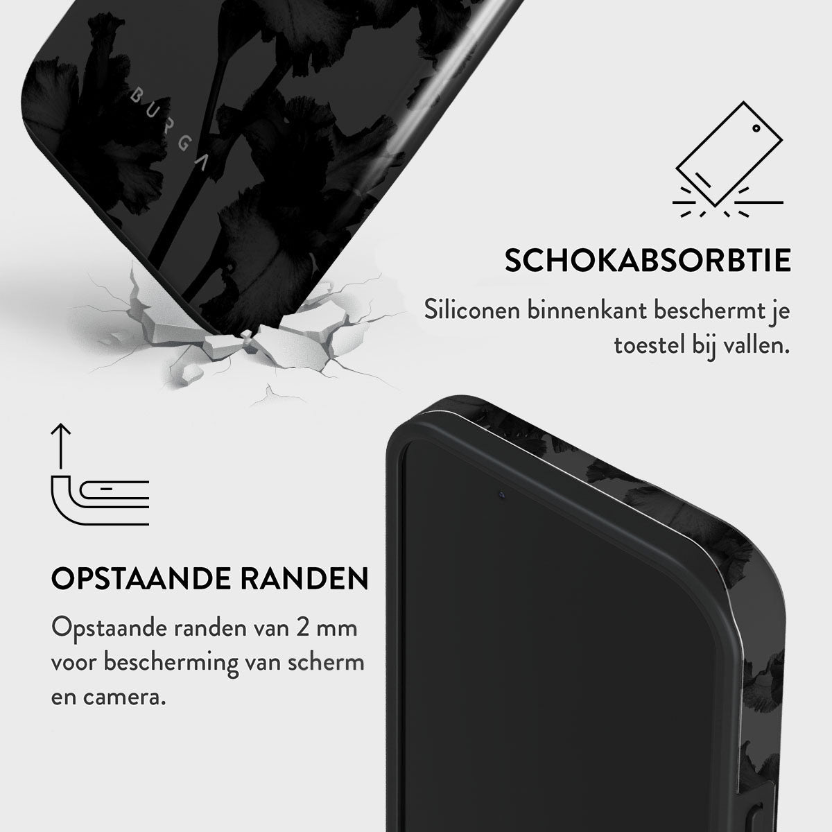 Afbeelding toont een telefoonhoesje met bloemenontwerp, impactbescherming en tekst over opstaande randen en schokabsorptie.