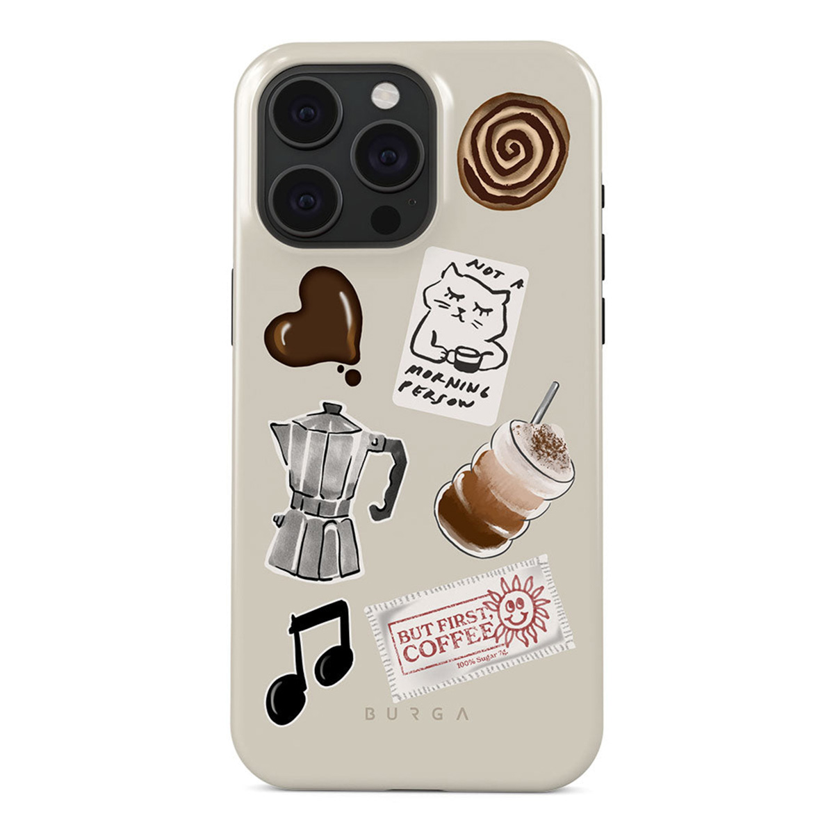 Een telefoonhoesje met koffiethema stickers, waaronder een hart, espressomaker, kat, latte, kaneelbroodje en muzieknoot.