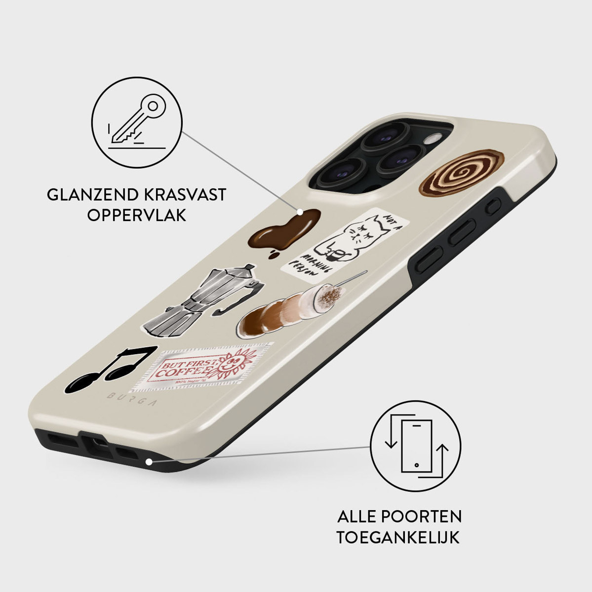 Een telefoonhoesje met stickers met koffiethema. Inclusief een koffiezetapparaat, een kopje koffie, een muzieknoot en de tekst 'But first, coffee'.