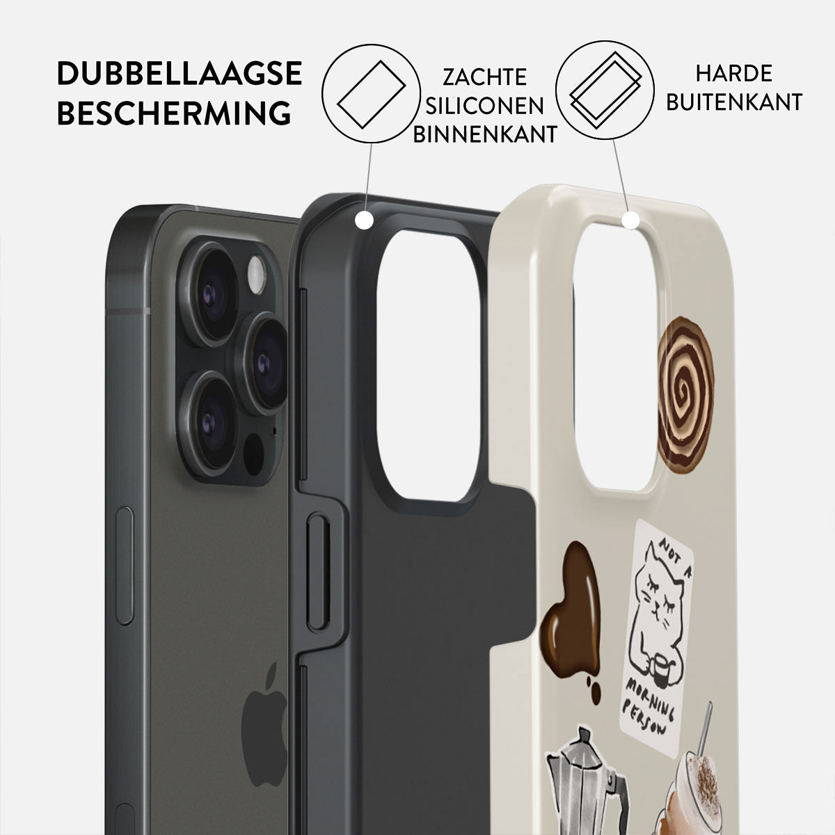 Drie telefoonhoesjes met een dubbellaags ontwerp. Eén zwart, één crème met een koffiethema en één grijs.
