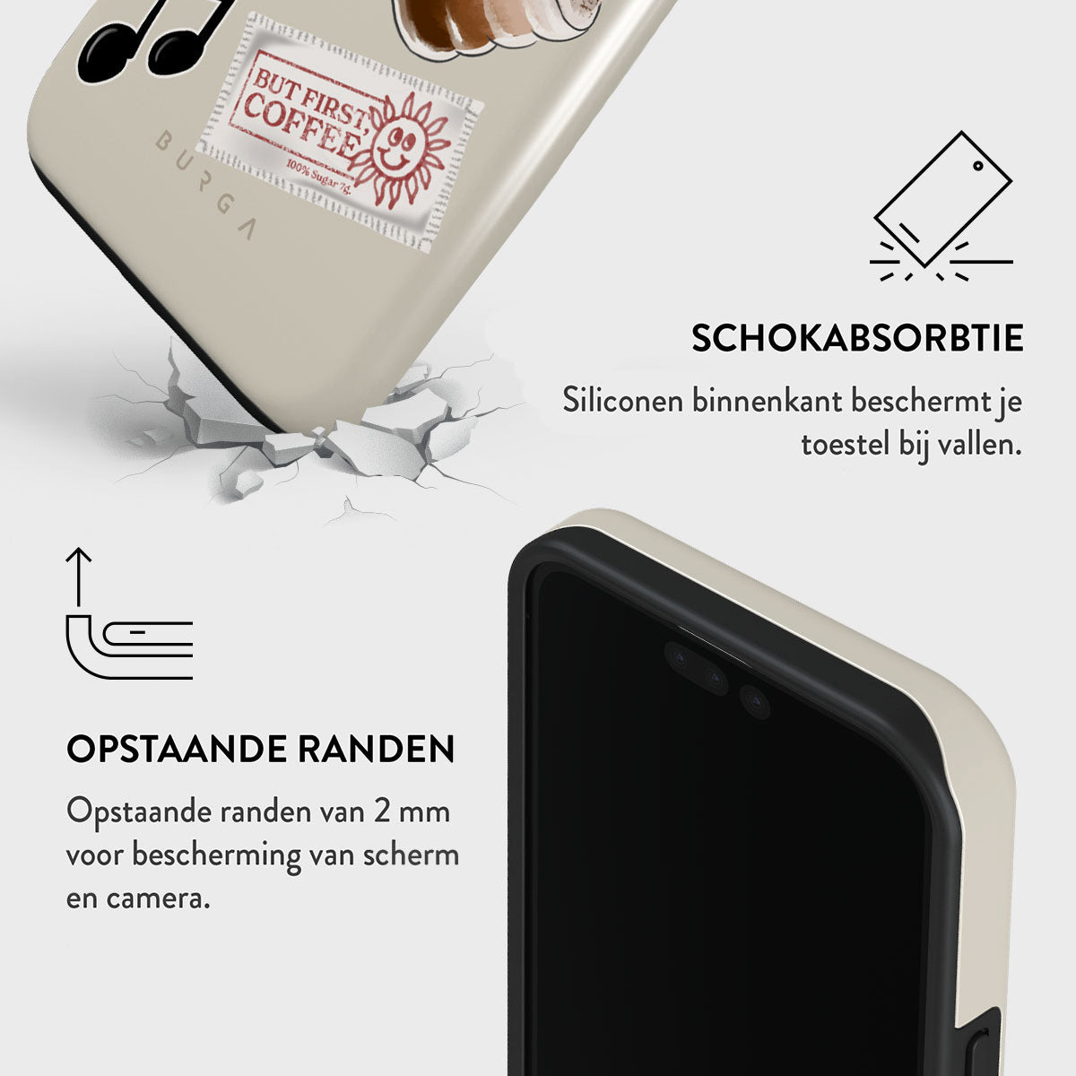 Een telefoonhoesje met een koffiedesign wordt getoond. Het is crèmekleurig met een zwarte rand en tekst: 'But first, coffee.'