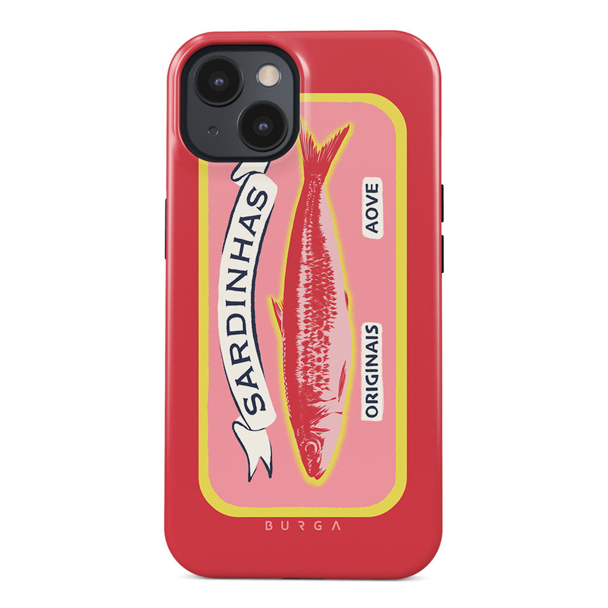 Rode telefoonhoes met een sardineblikje design. Het blikje heeft een roze achtergrond, een rode vis en Portugese tekst.