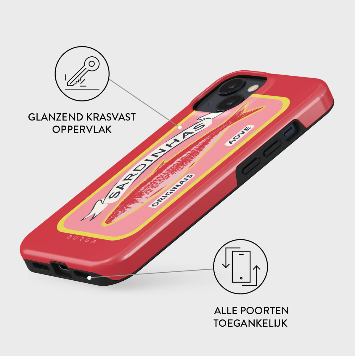 Een rode telefoonhoes met een sardineblikje-ontwerp. Het heeft een roze label met een visillustratie en tekst in een vreemde taal.