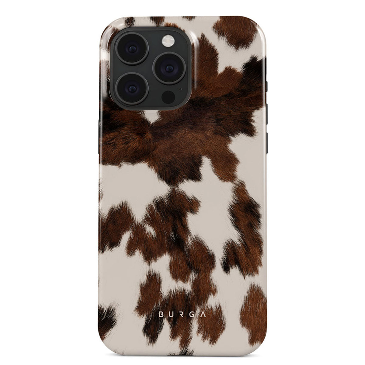 Een telefoonhoesje met een koeienhuidpatroon. Het heeft bruine en witte vlekken. De telefoon heeft een camera en het woord BURGA.