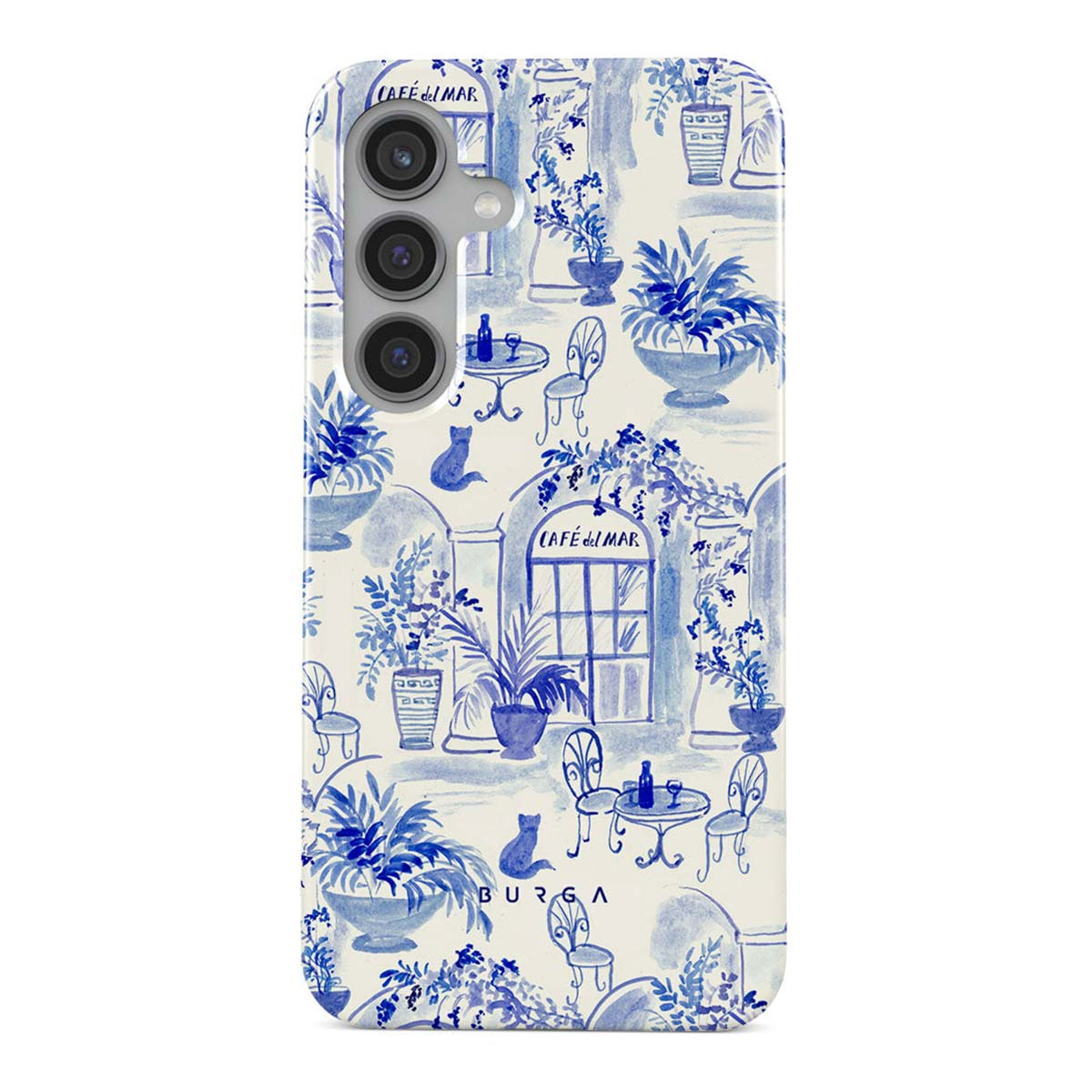 Telefoonhoesje met een blauw-witte caféscene. Met planten, tafels, stoelen, katten en caféborden. De merknaam is zichtbaar.