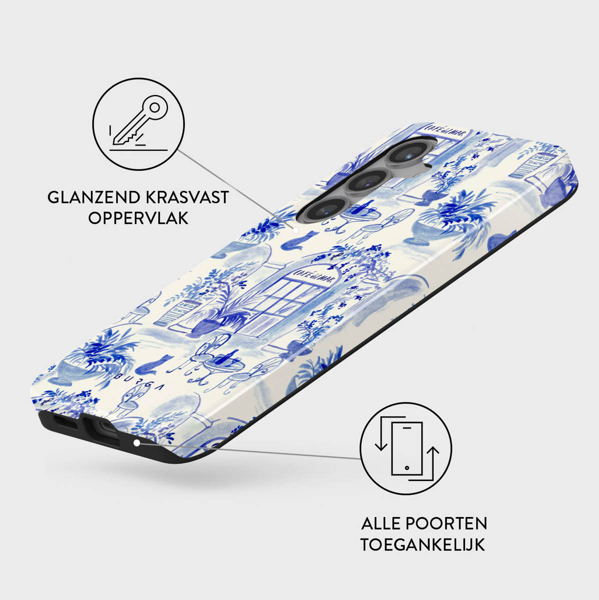 Een telefoonhoesje met een blauw-wit bloemenpatroon. Het heeft illustraties van planten, tafels en een café. De hoes heeft een glanzende afwerking.