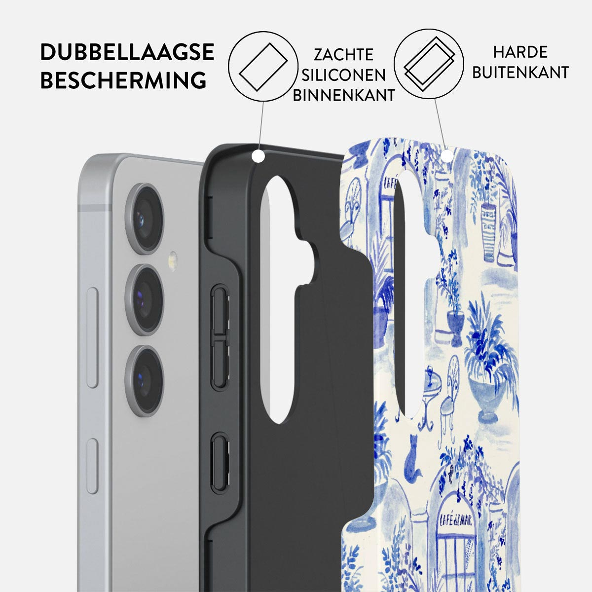 Telefoonhoesje met dubbellaagse bescherming. De binnenste laag is zachte siliconen, de buitenste is hard. Versierd met een blauw en wit cafépatroon.