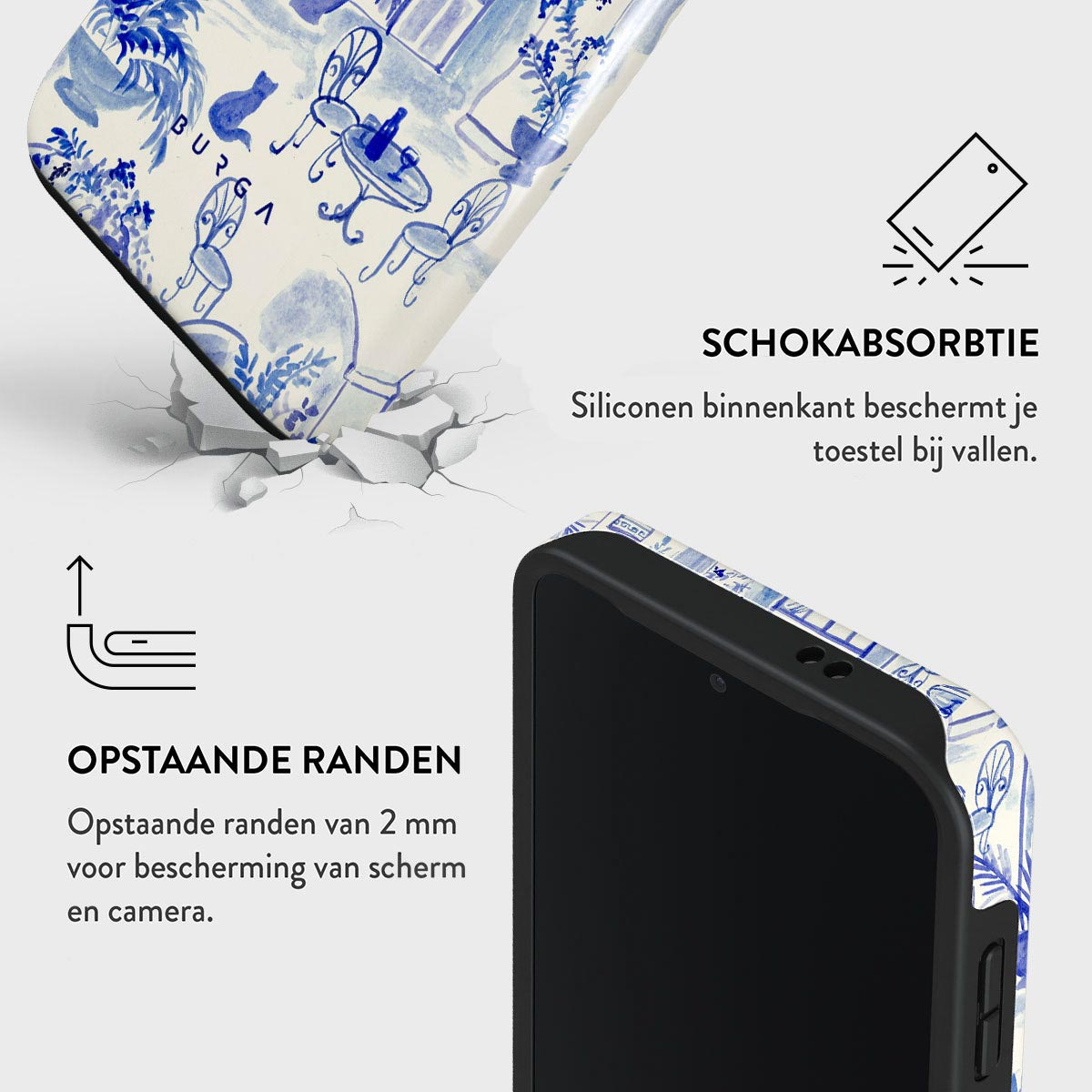 Een telefoonhoesje met een blauw-wit design wordt getoond, samen met tekst over schokabsorptie en schermbescherming.