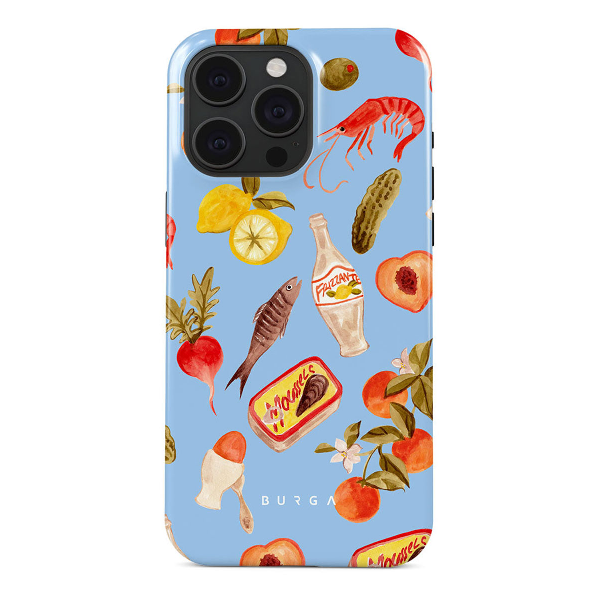 Blauwe telefoonhoes met aquarel illustraties van voedsel: garnalen, citroenen, vis, mosselen, perziken, radijs, olijven, sinaasappels en een fles.