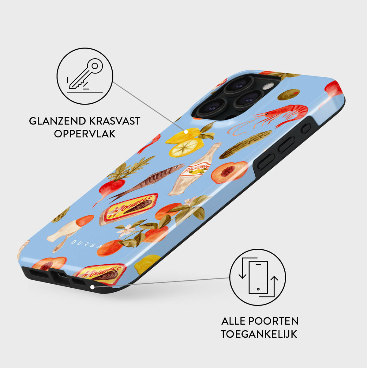 Een telefoonhoesje met een lichtblauwe achtergrond en een patroon van voedselillustraties, waaronder garnalen, citroenen en perziken.