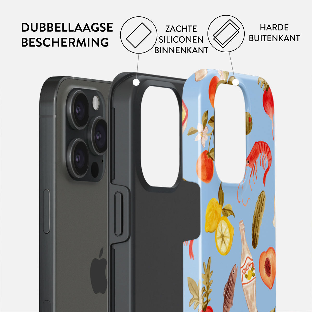 Telefoonhoes met lagen: telefoon, zwarte siliconen, buitenkant met patroon. Patroon: garnaal, citroen, perzik op blauw.