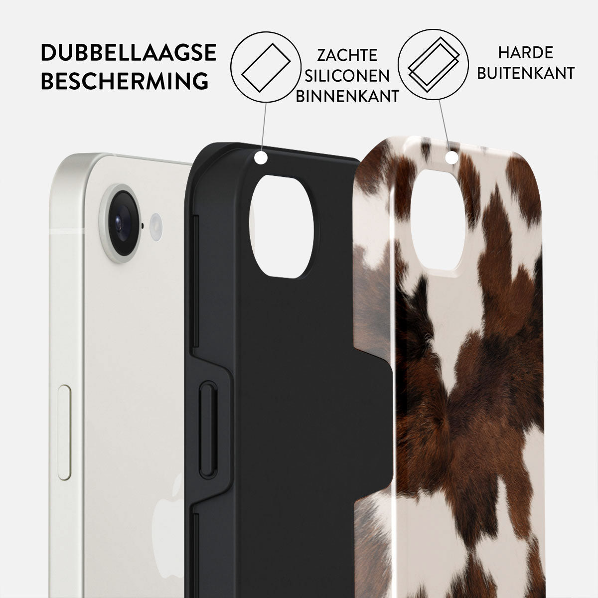 Afbeelding toont een telefoon tussen twee hoesjes. Eén is zwart, de andere heeft een koeienprint. Tekst geeft dubbele bescherming aan.