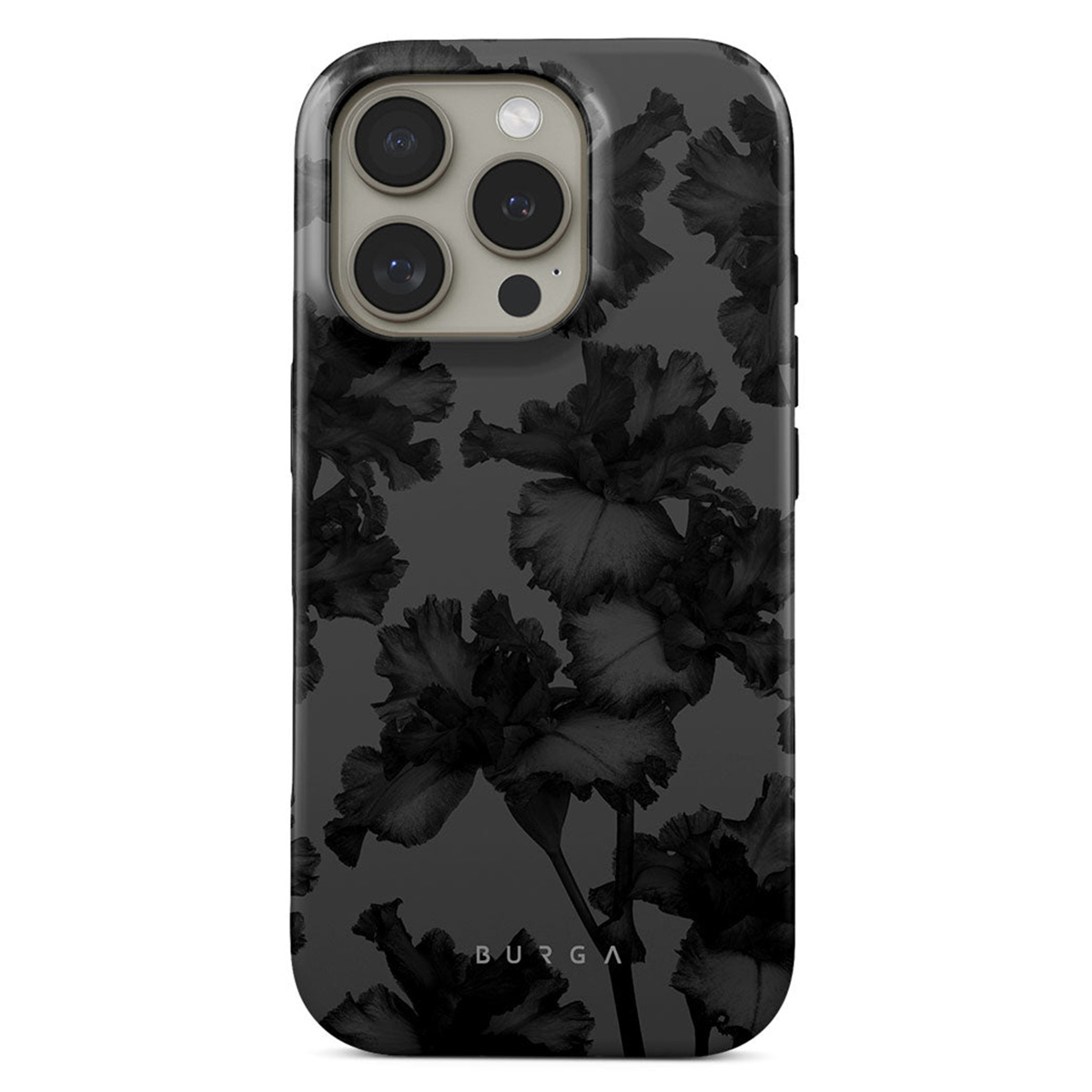 Een telefoonhoesje met een donker bloemenpatroon. Zwarte bloemen gedrukt op een grijze achtergrond. De hoes heeft een cameragedeelte.