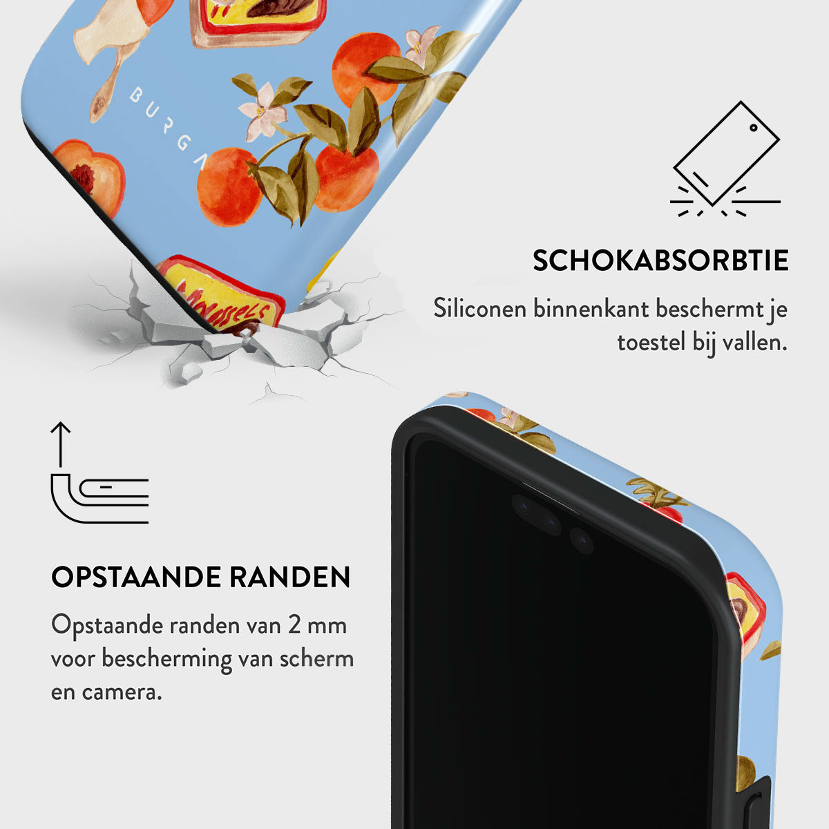 Er wordt een telefoonhoesje met een oranje en bloemenontwerp getoond. Het ligt op een wit oppervlak met tekst over schokabsorptie en opstaande randen.