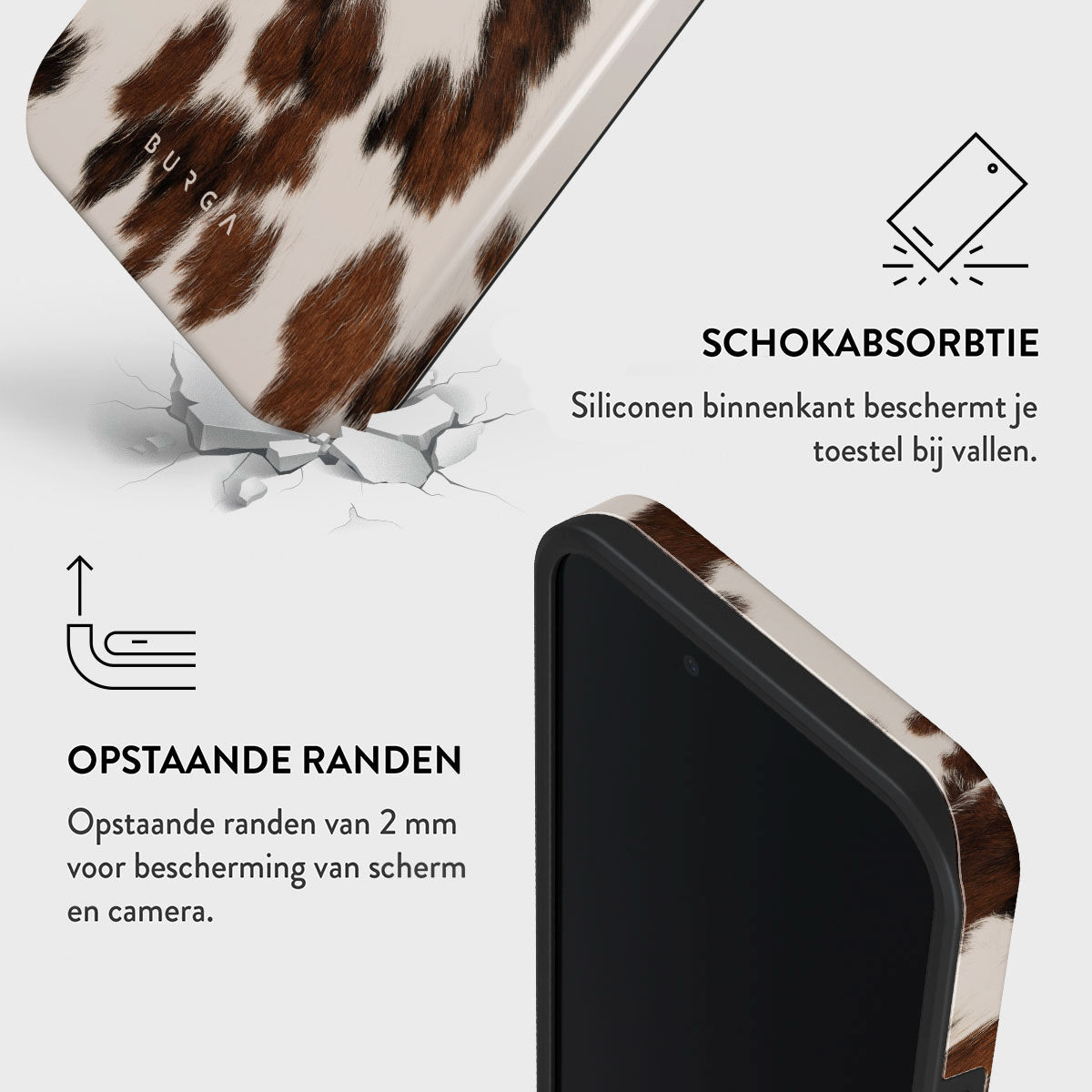 Een telefoonhoesje met een koeienhuidpatroon wordt getoond, samen met tekst die functies beschrijft zoals schokabsorptie en verhoogde randen.
