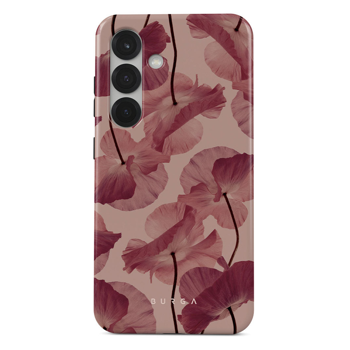 Coque de téléphone à motif floral. Grandes fleurs bordeaux avec tiges sombres sur fond rose clair. Marque BURGA visible.