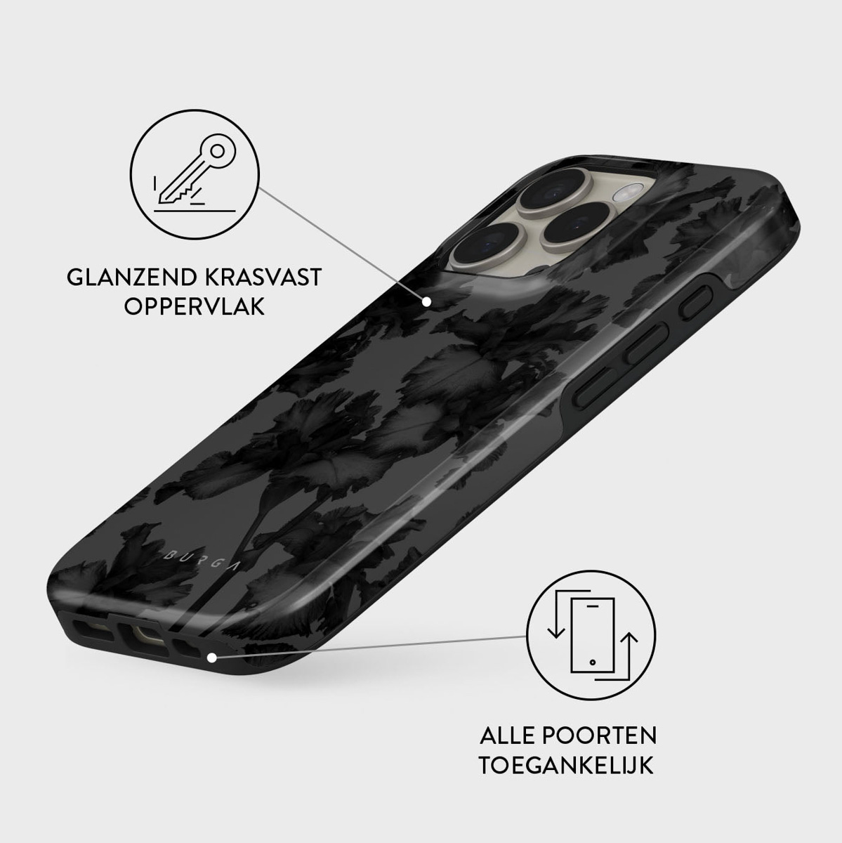 Een zwarte bloemen telefoonhoesje met een sleutel icoon en de tekst 'GLANZEND KRASVAST OPPERVLAK' en 'ALLE POORTEN TOEGANKELIJK'.