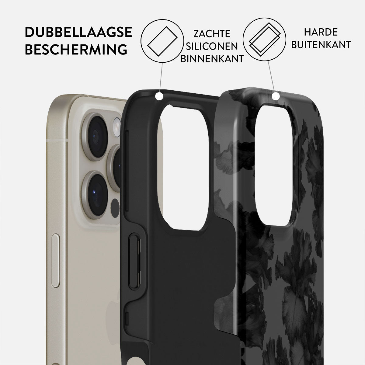 Telefoonhoeslagen, met een telefoon, zwarte binnenlaag en bloemenpatroon buitenlaag. Tekstlabels geven de lagen aan.