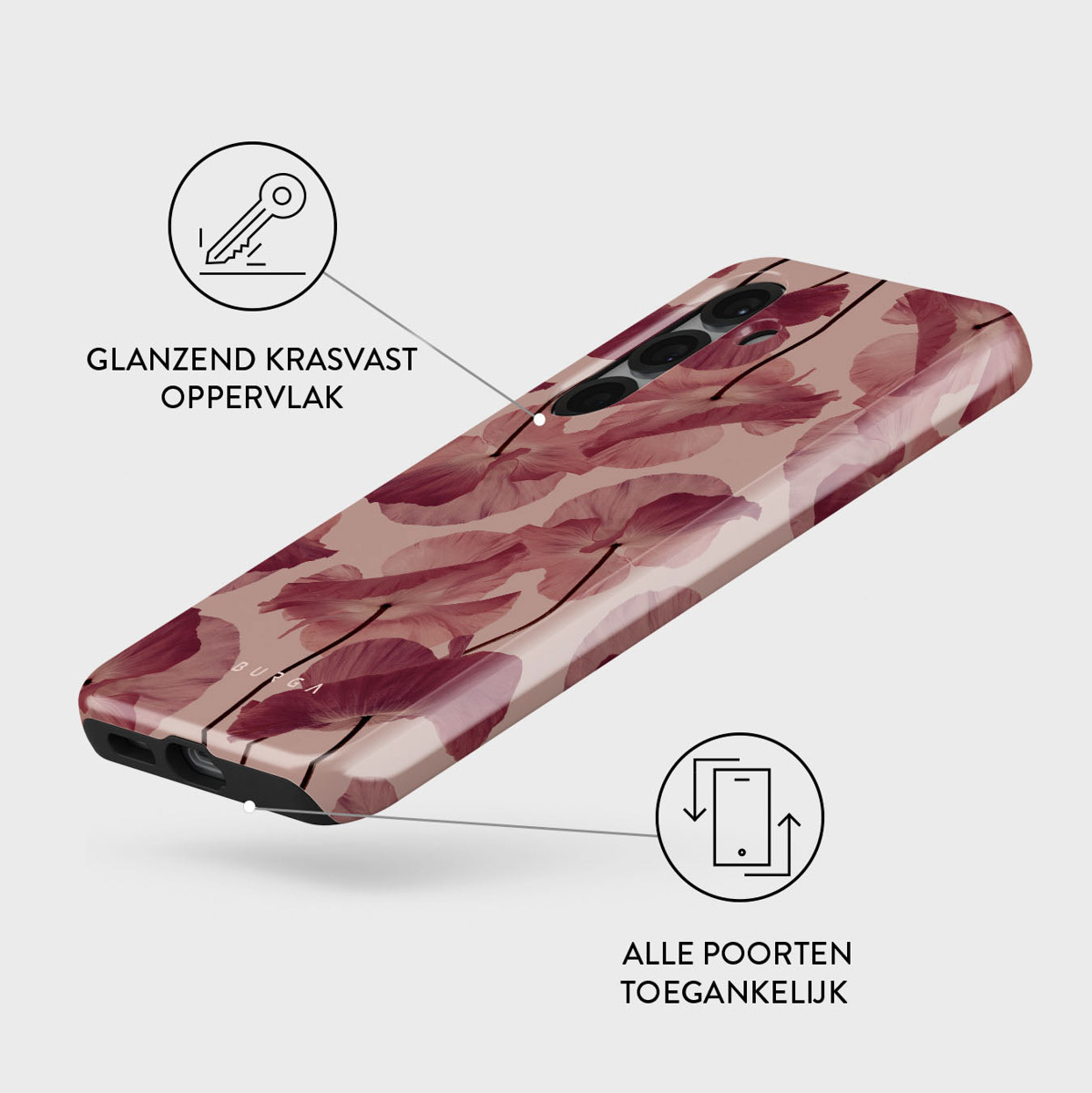 Une coque de téléphone avec un motif floral rose et des lentilles d'appareil photo noires. La coque est brillante et résistante aux rayures.