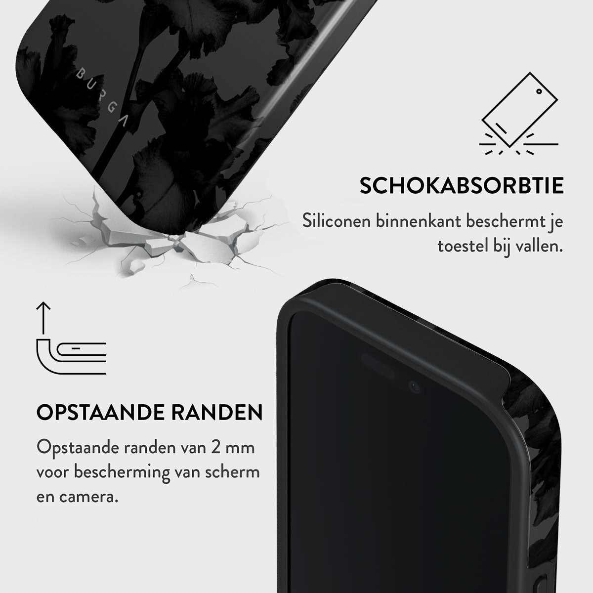 Een zwarte telefoonhoes met bloemenprint wordt getoond, samen met tekst die schokabsorptie en verhoogde randen beschrijft.