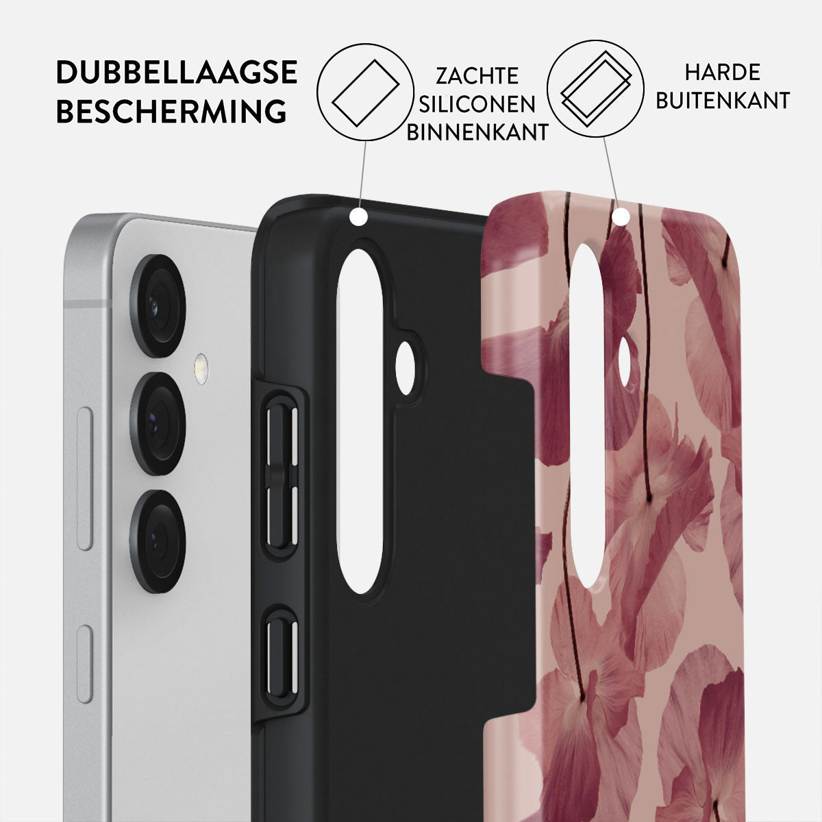 Couches d'étui: téléphone, intérieur noir, extérieur floral. Texte: protection double couche, silicone souple, extérieur dur.