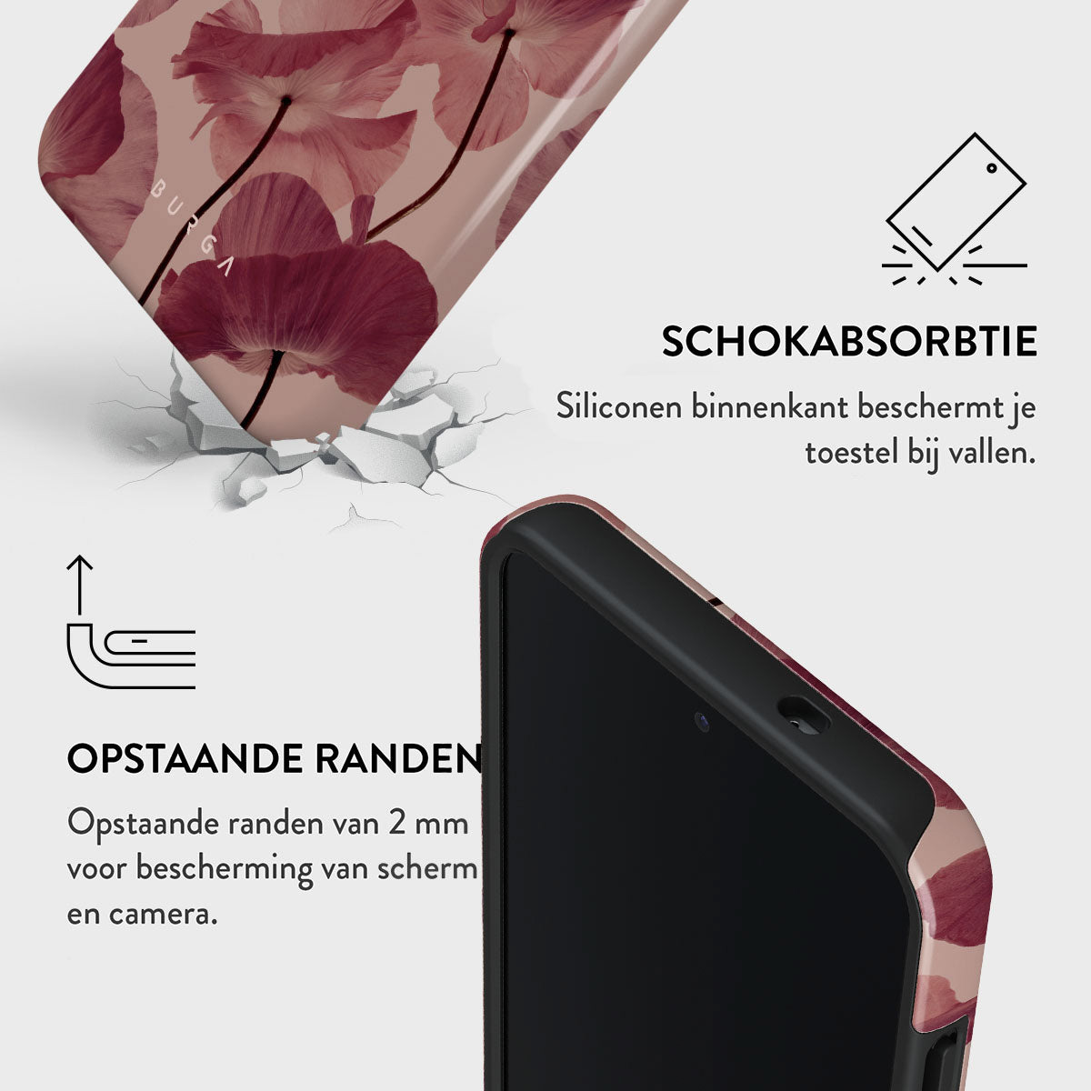 Un étui de téléphone avec un motif floral est affiché. Le texte indique l'absorption des chocs et les bords surélevés pour protéger l'écran et l'appareil photo.