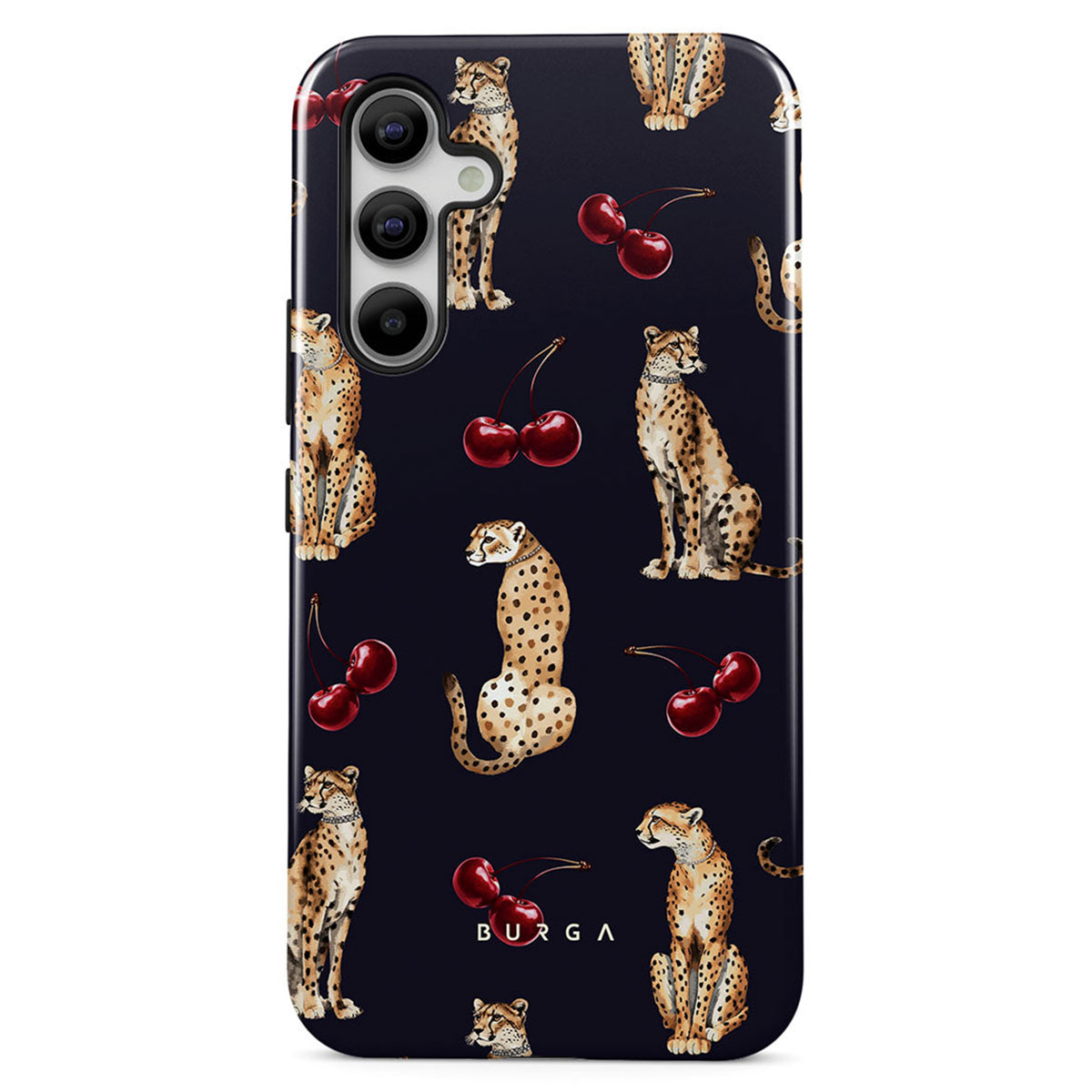 Telefoonhoesje met donkere achtergrond. Patroon van cheeta's en kersen. Cheeta's in verschillende poses. Kersen zijn rood.
