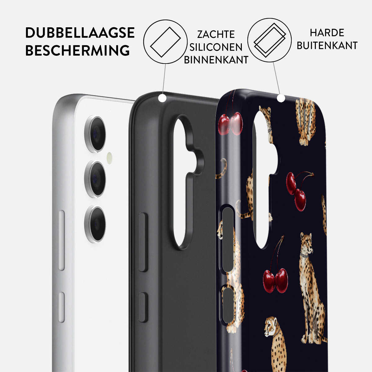 Een telefoonhoesje met drievoudige bescherming. De binnenste laag is zachte siliconen. De buitenste laag is hard. Design: luipaarden en kersen.