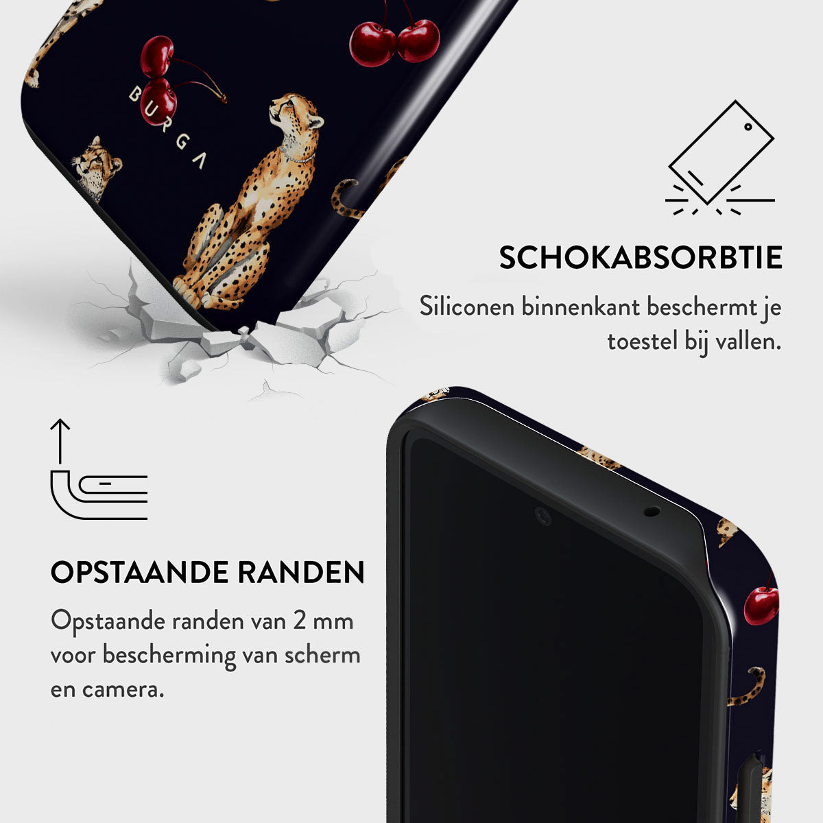 Telefoonhoesje met cheetah- en kersendesign. Zwarte telefoon met scherm, witte achtergrond met tekst. Gebarsten effect.
