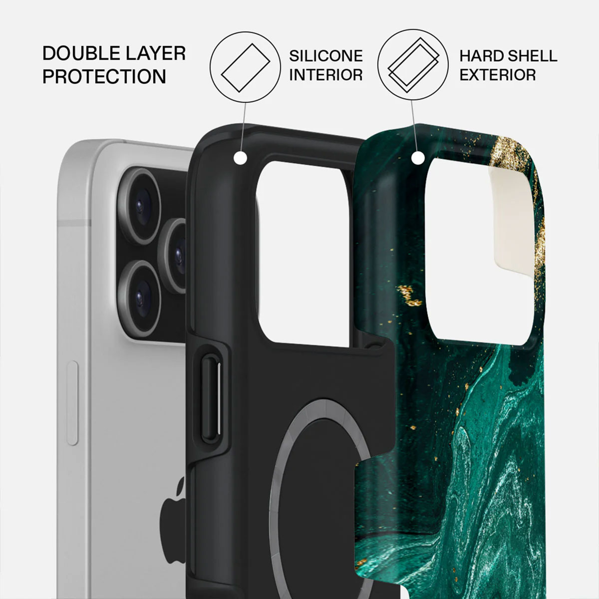 Telefoonhoeslagen: witte telefoon, zwart frame en groene marmeren buitenkant. Labels: dubbele laag, siliconen, harde schaal.
