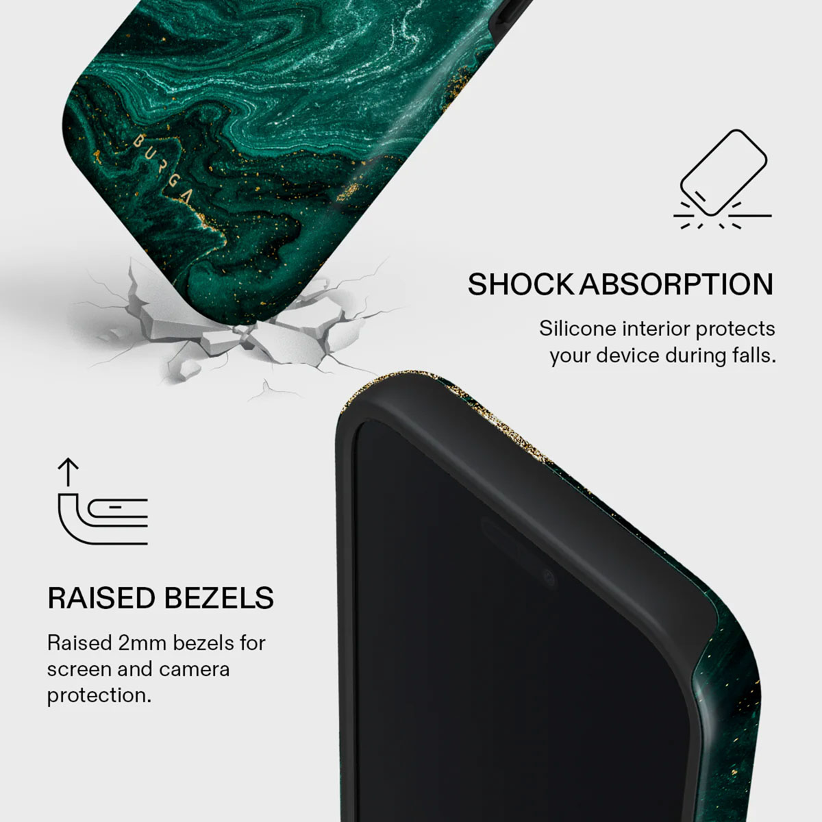 Telefoonhoesje met groen marmerdesign, gouden accenten en verhoogde randen. Tekst: schokabsorptie en scherm-/kamerabescherming.