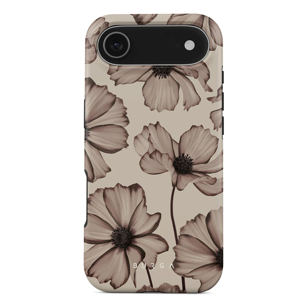 Coque de téléphone à motifs floraux. Fond beige avec fleurs marron. La coque a un trou pour la caméra et la marque en bas.