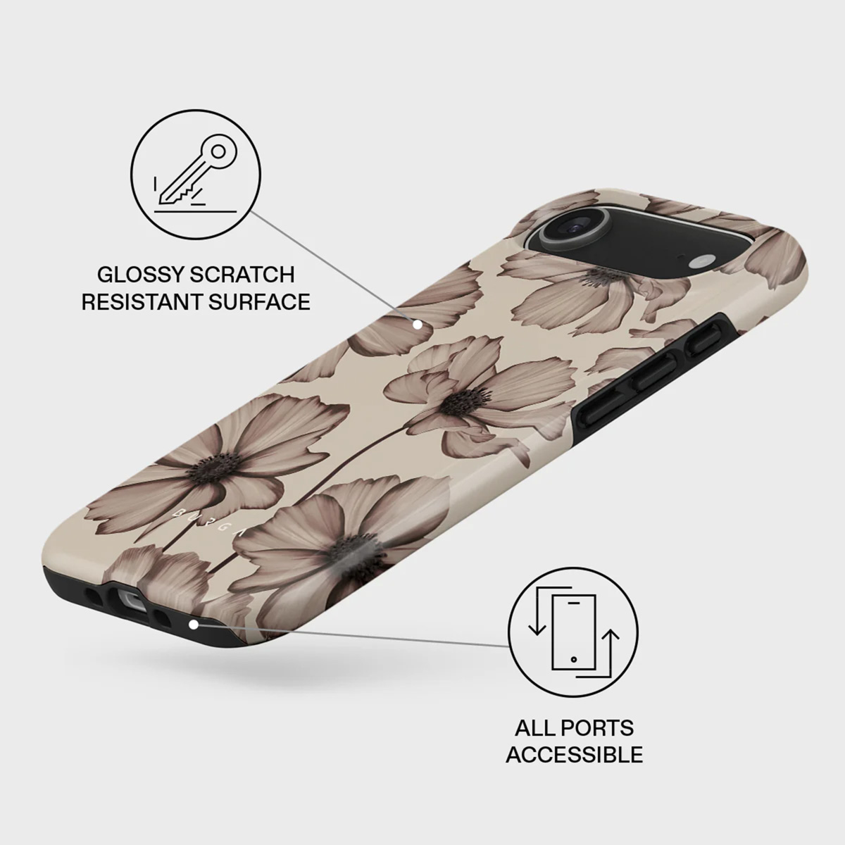 Une coque de téléphone avec un motif floral dans des tons bruns. Elle a une surface brillante résistante aux rayures et tous les ports sont accessibles.