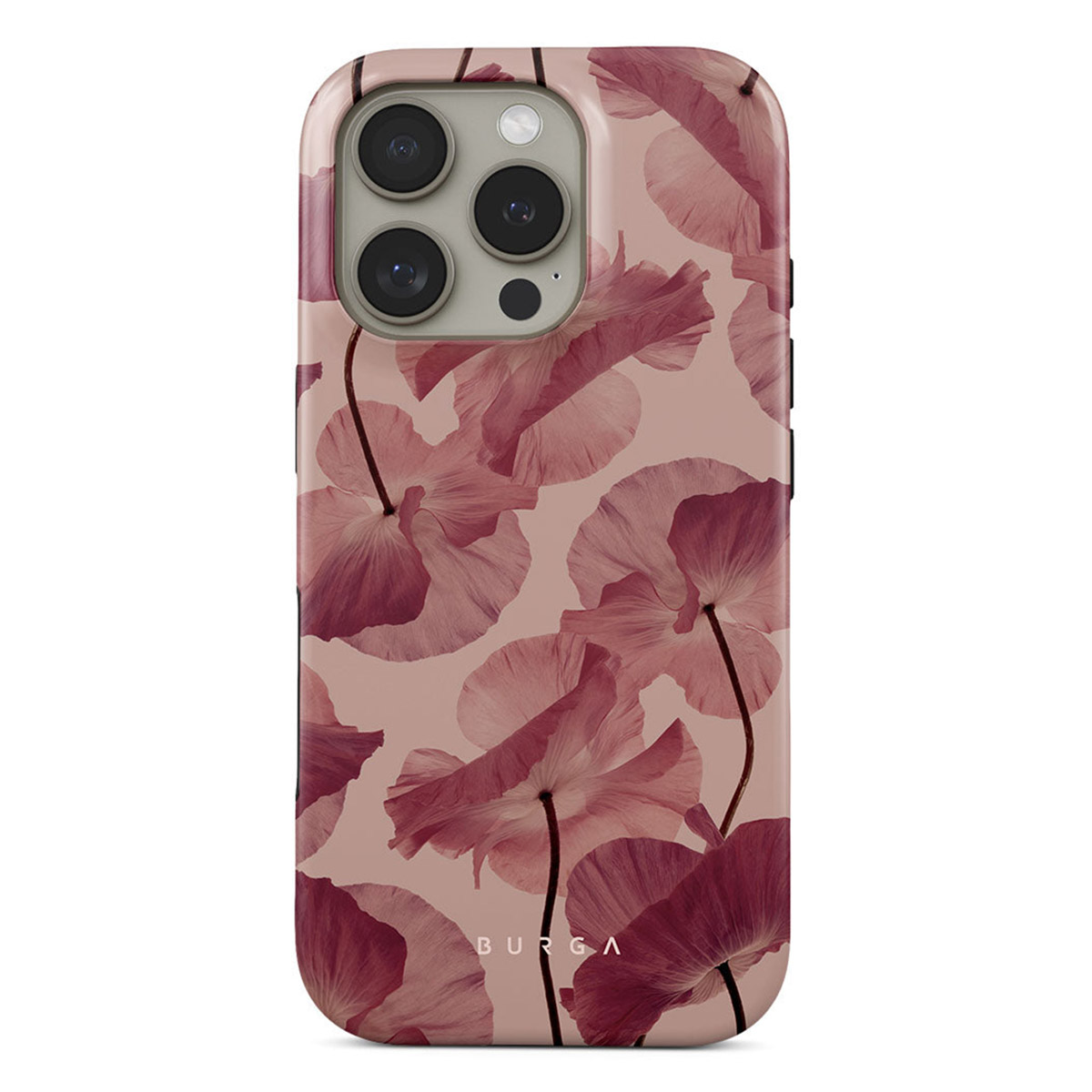 Une coque d'iPhone avec un motif floral. La coque est rose, avec de grandes fleurs de pavot rose foncé et des tiges noires.