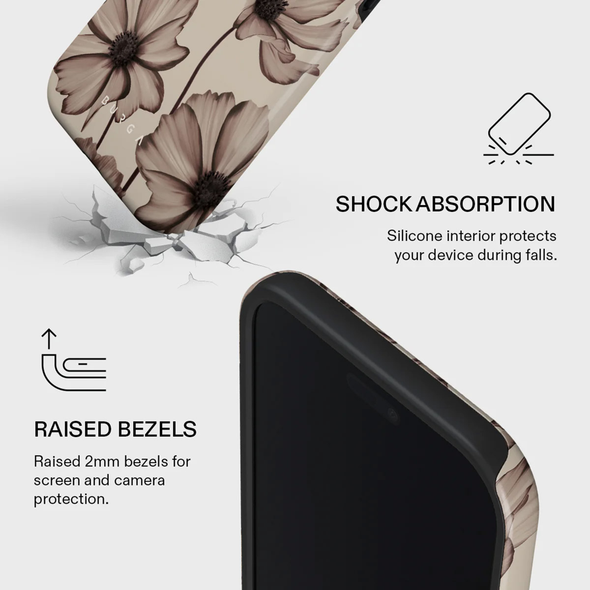Coque de téléphone à motif floral. Comprend des rebords surélevés pour la protection de l'écran et l'absorption des chocs.