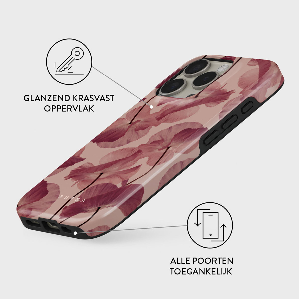 Une coque de téléphone avec un motif floral, avec des pétales rouge-rose. La coque a des bords noirs et une finition brillante. Les icônes montrent les caractéristiques clés.
