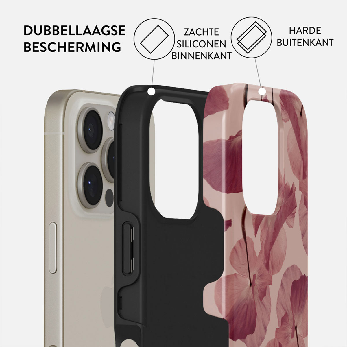 Coque de téléphone à double protection: intérieur en silicone souple et extérieur dur. Les parties sont séparées pour montrer les couches.