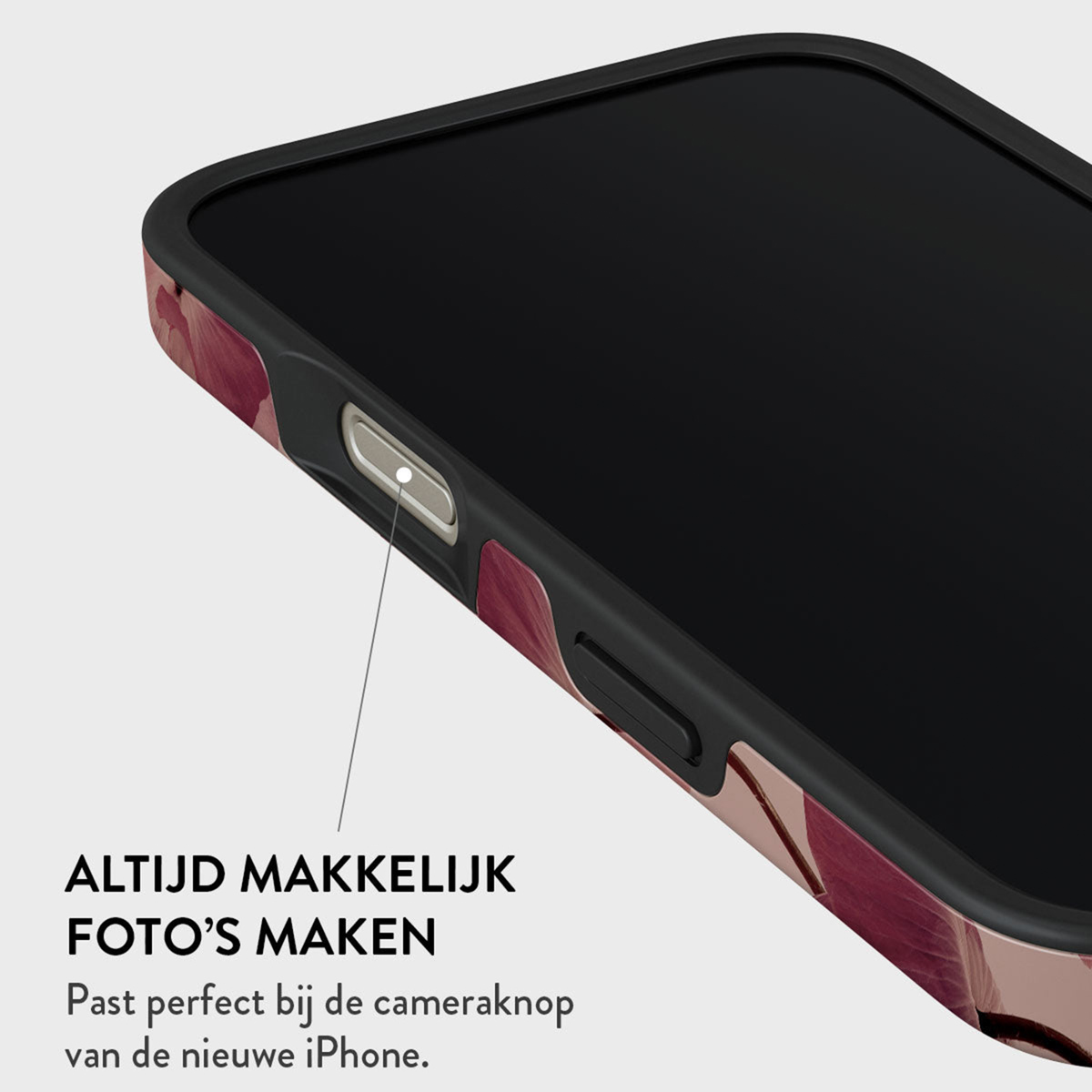 Gros plan d'une coque de téléphone avec écran noir, design floral et bouton. Texte : 'Facile de prendre des photos'.