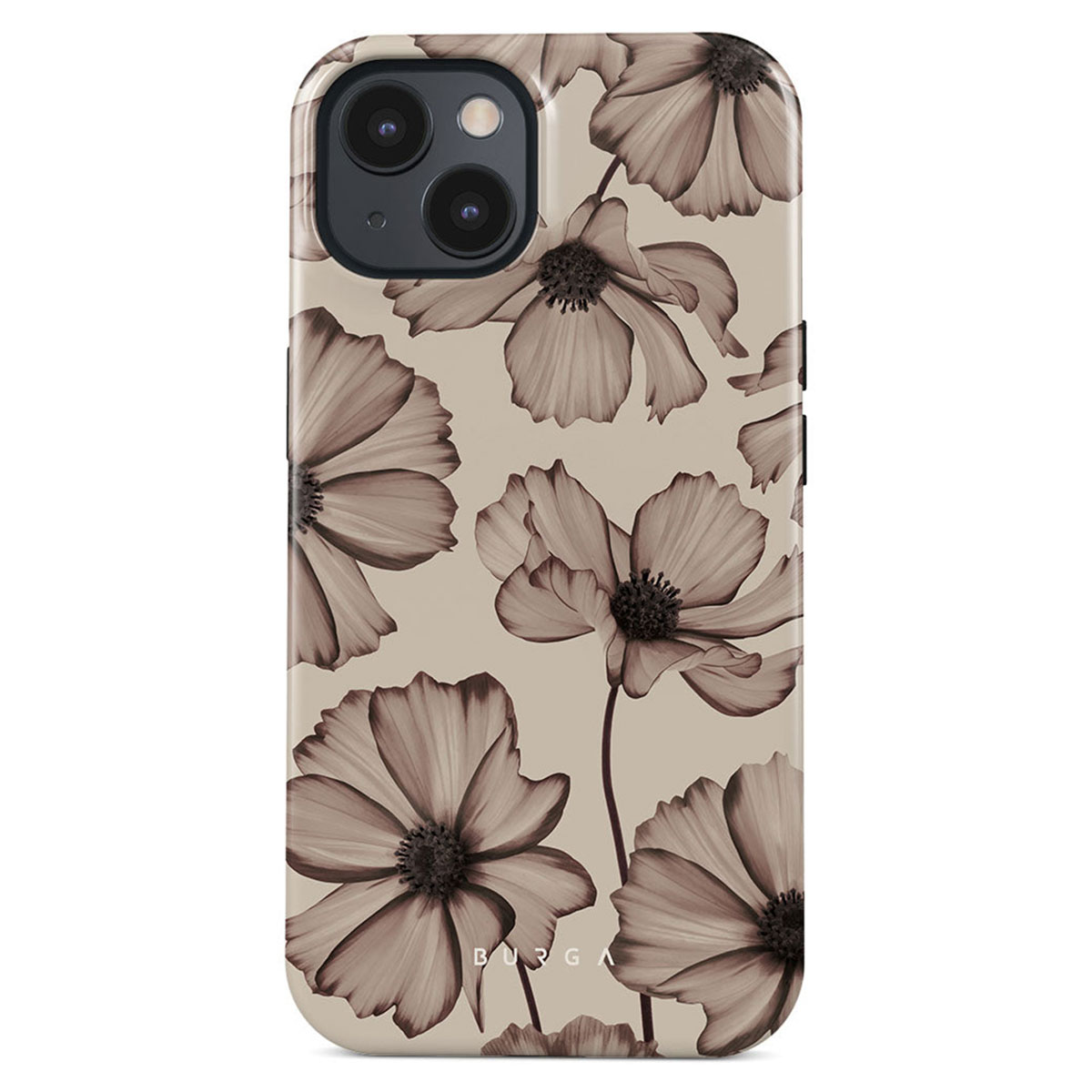 Telefoonhoesje met bloemenpatroon. Beige achtergrond met bruine bloemen.