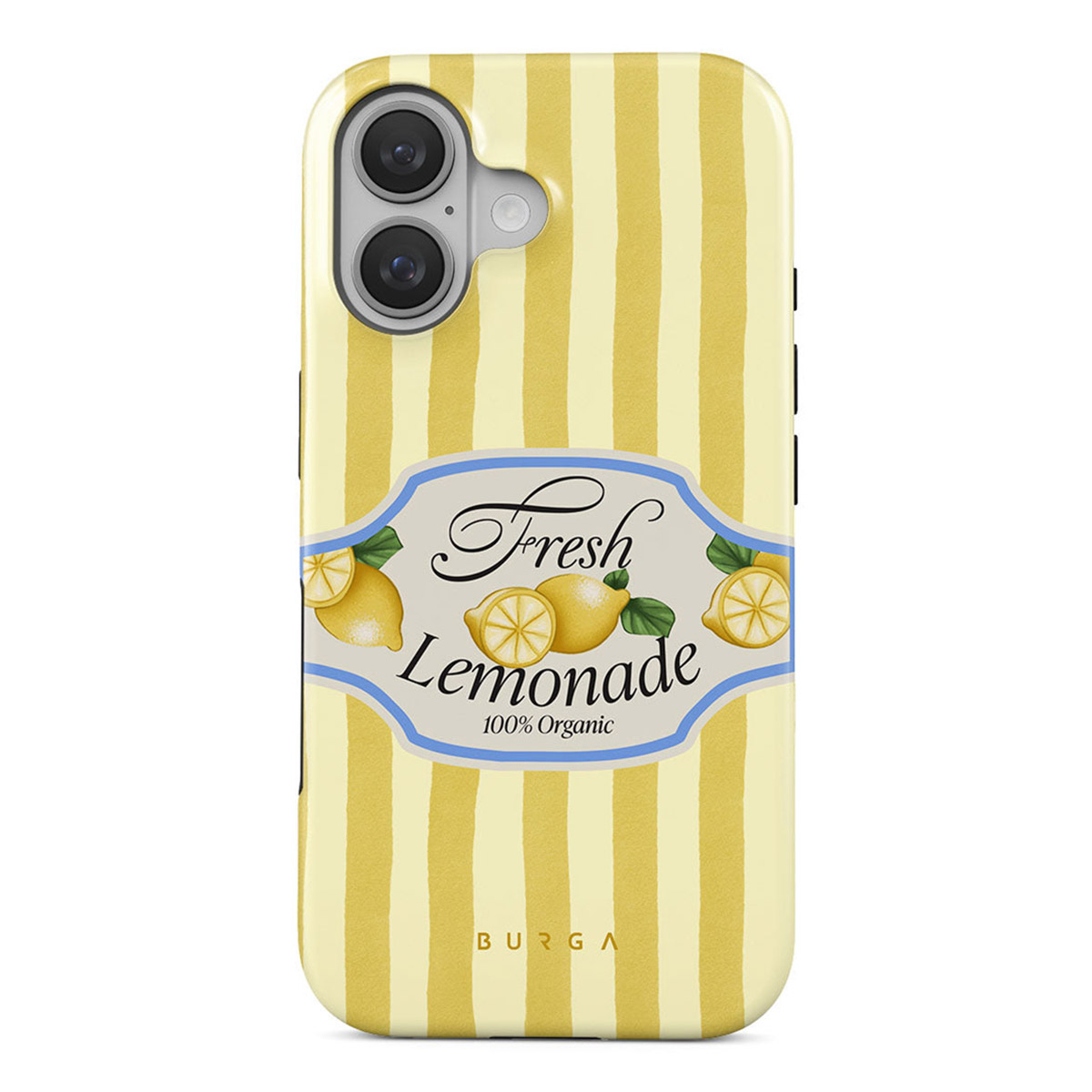 Une coque de téléphone avec un motif à rayures jaunes et une étiquette 'Fresh Lemonade' avec des citrons. La coque a une découpe pour la caméra et la marque 'BURGA'.