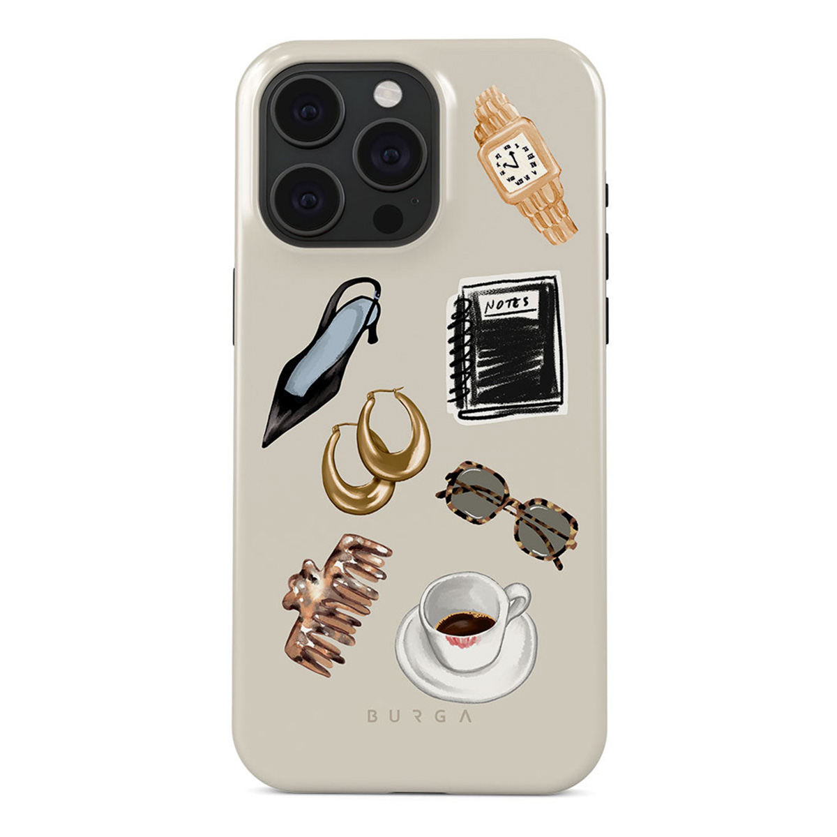 Telefoonhoesje met illustraties van een schoen, oorbellen, horloge, zonnebril, kam, notitieblok en een kopje koffie op een beige achtergrond.