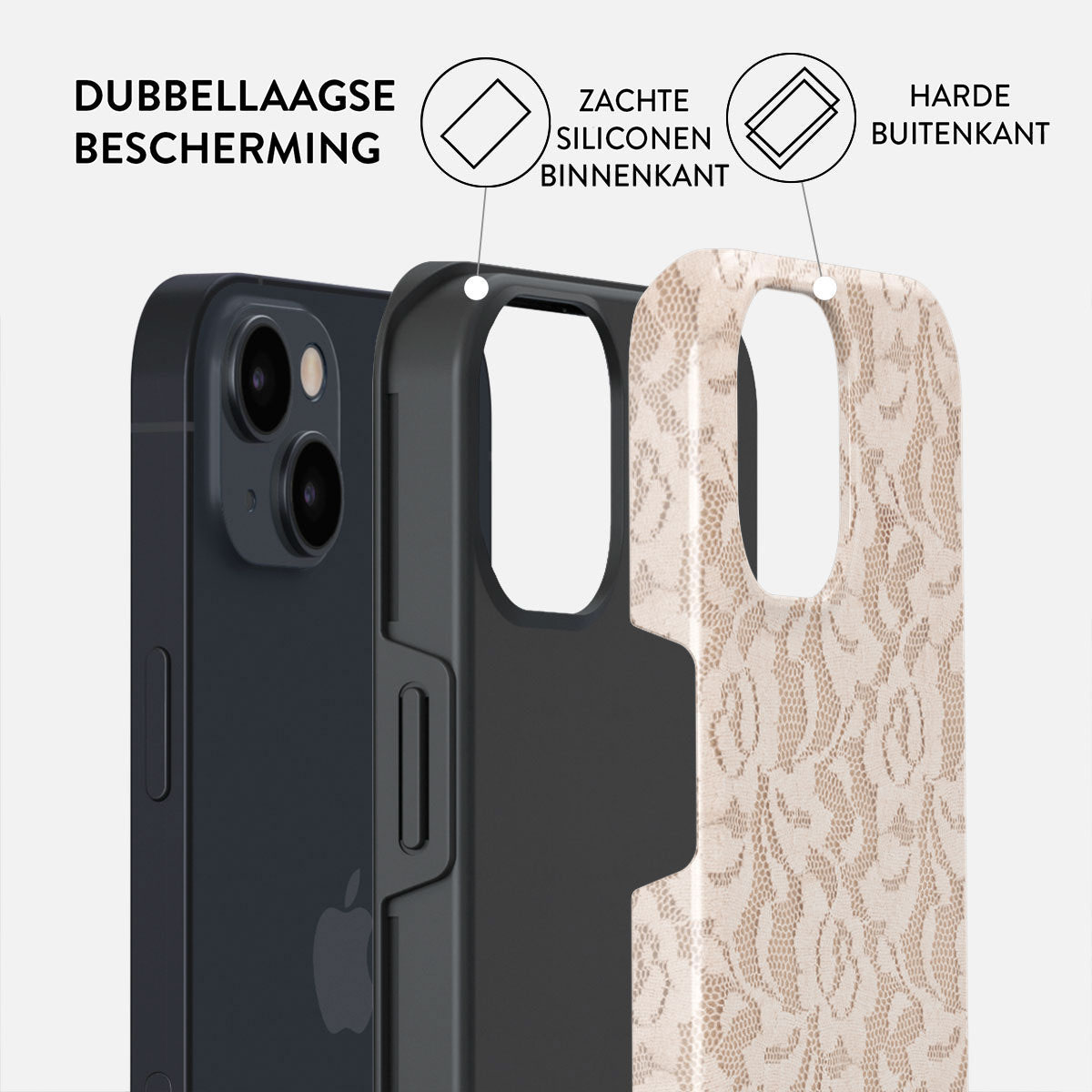 Afbeelding toont een telefoonhoesje met drie lagen. Het heeft een zwarte telefoon, een zwarte binnenhoes en een beige, kanten buitenhoes.