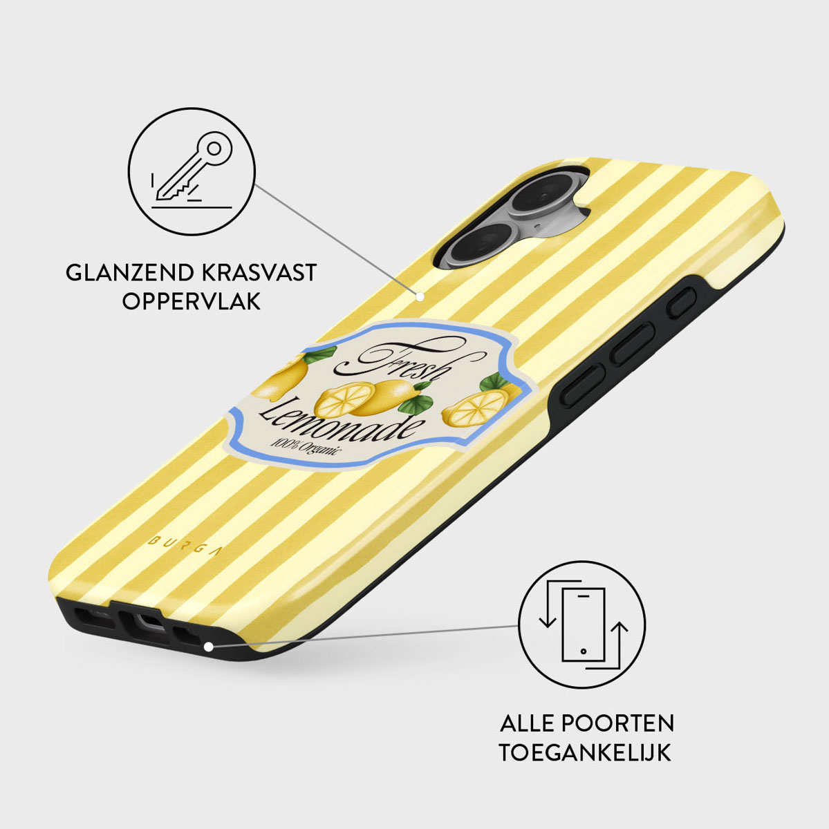 Une coque de téléphone jaune à rayures verticales, une étiquette de limonade et des bords noirs. Le texte indique: Fresh Lemonade.