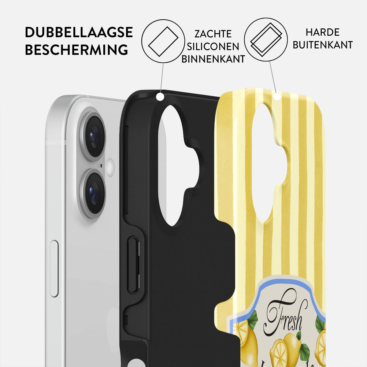 Coupe transversale de l'étui du téléphone. Téléphone blanc à l'intérieur d'un étui noir, avec une couverture à rayures jaunes, étiquetée 'Fresh' avec des citrons.