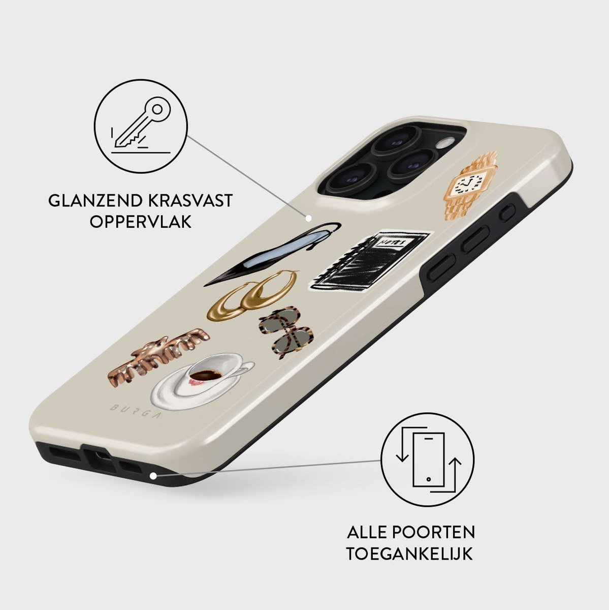 iPhone hoesje met illustraties: sleutel, oorbellen, zonnebril, horloge, pen, notitieboek, koffiekopje. Beige met zwarte randen. Tekst: 'Burga'.