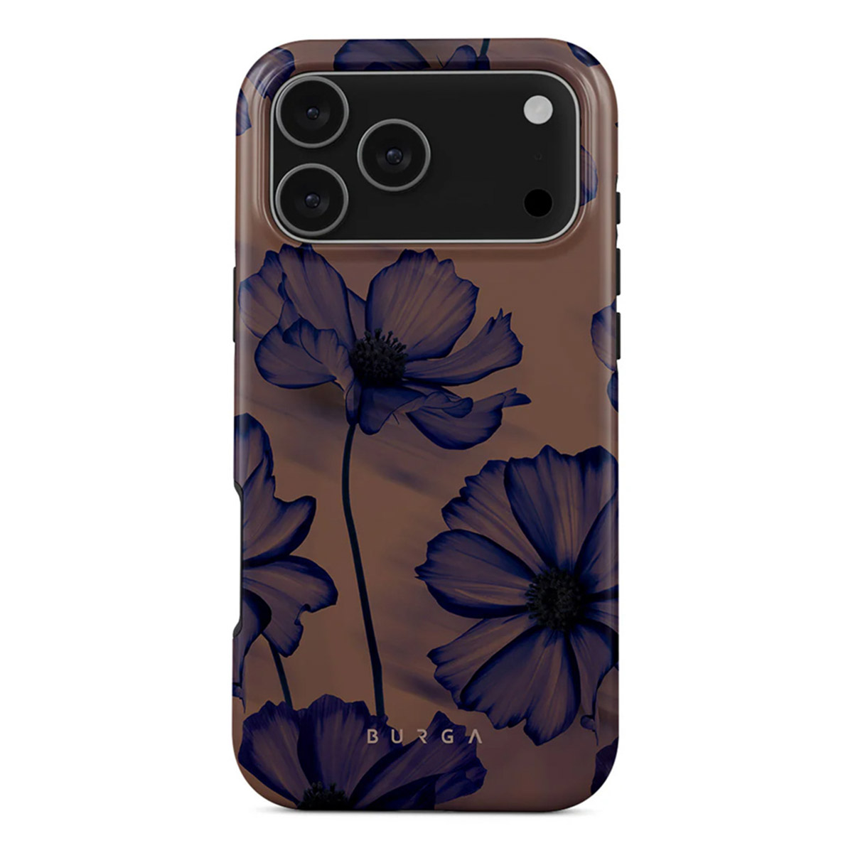 Een telefoonhoesje met donkerblauwe bloemenpatroon op een bruine achtergrond. De hoes heeft een cameramodule aan de bovenkant.