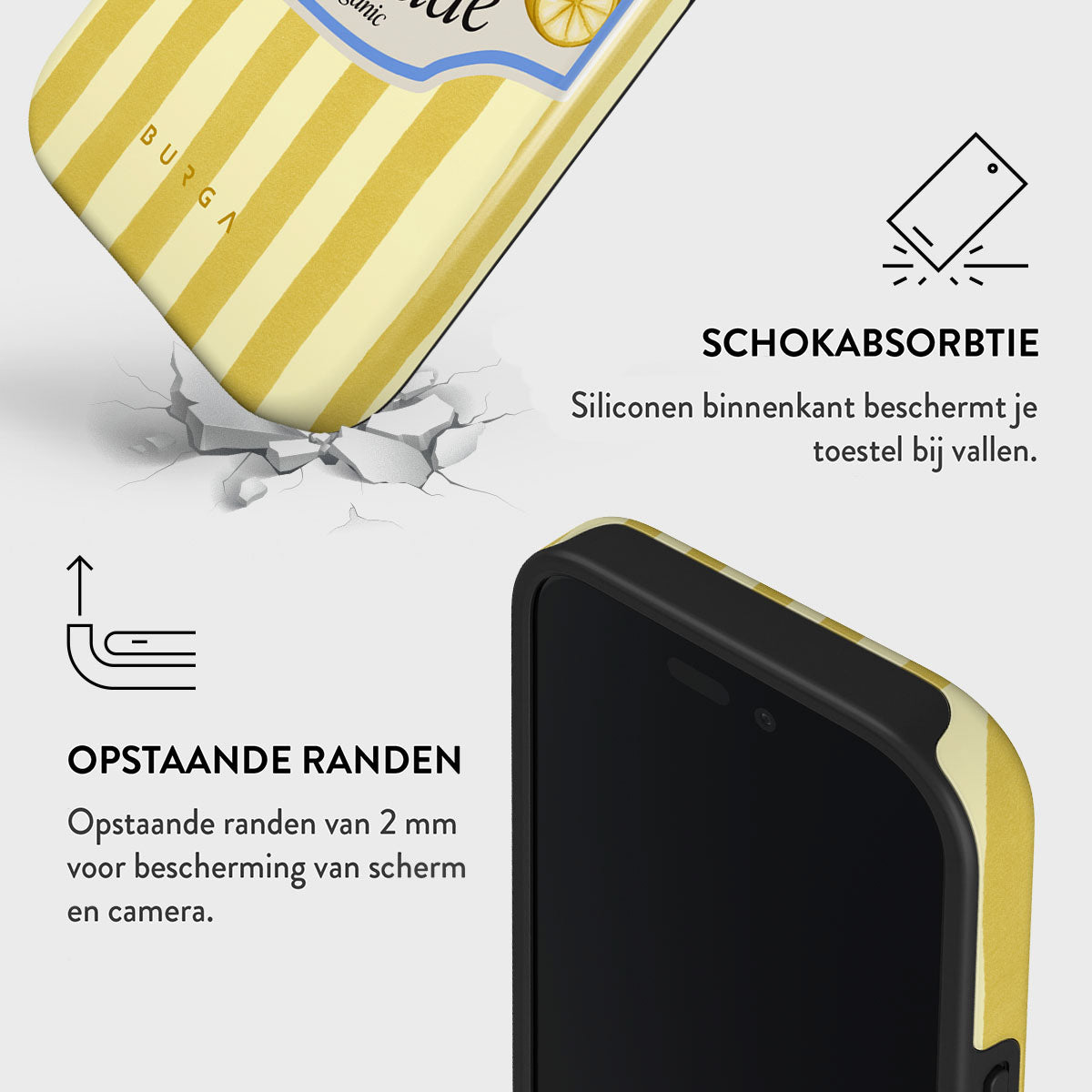 Une coque de téléphone à rayures jaunes et bord noir. Caractéristiques: absorption des chocs, bords surélevés et protection d'écran.