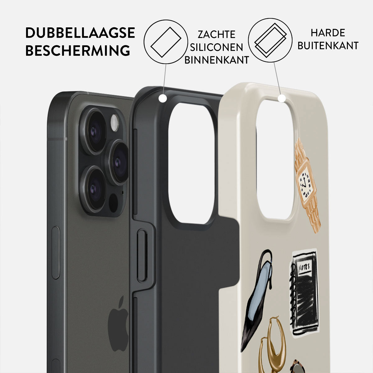 Telefoonhoesje, gelaagd voor bescherming. Tekst geeft zachte siliconen binnenkant en harde buitenschaal aan. Versierd met horloge, schoen, oorbellen en notitieboek.