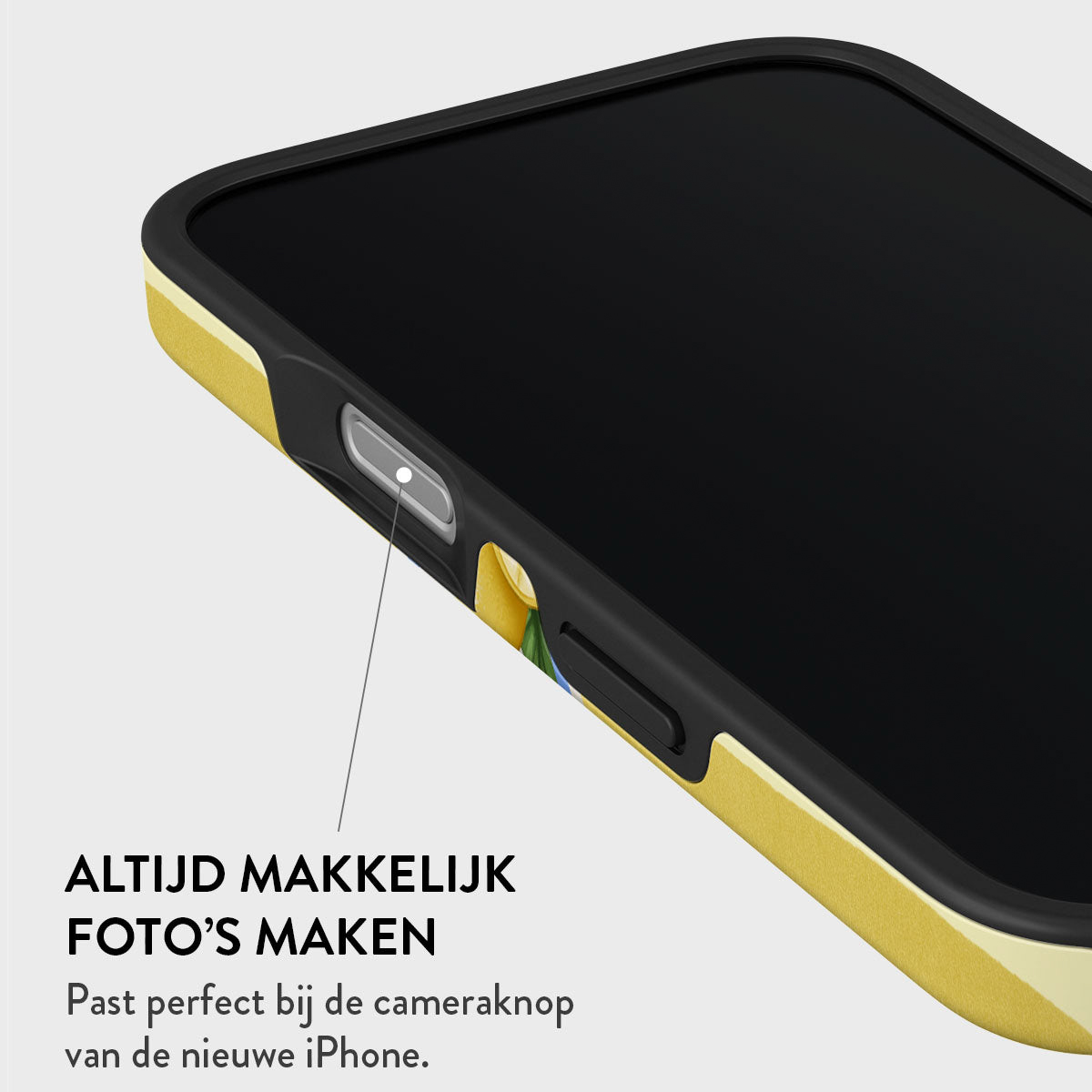 Gros plan sur une coque de téléphone. La coque est jaune avec un bord noir. L'écran du téléphone est noir. Texte en néerlandais visible.