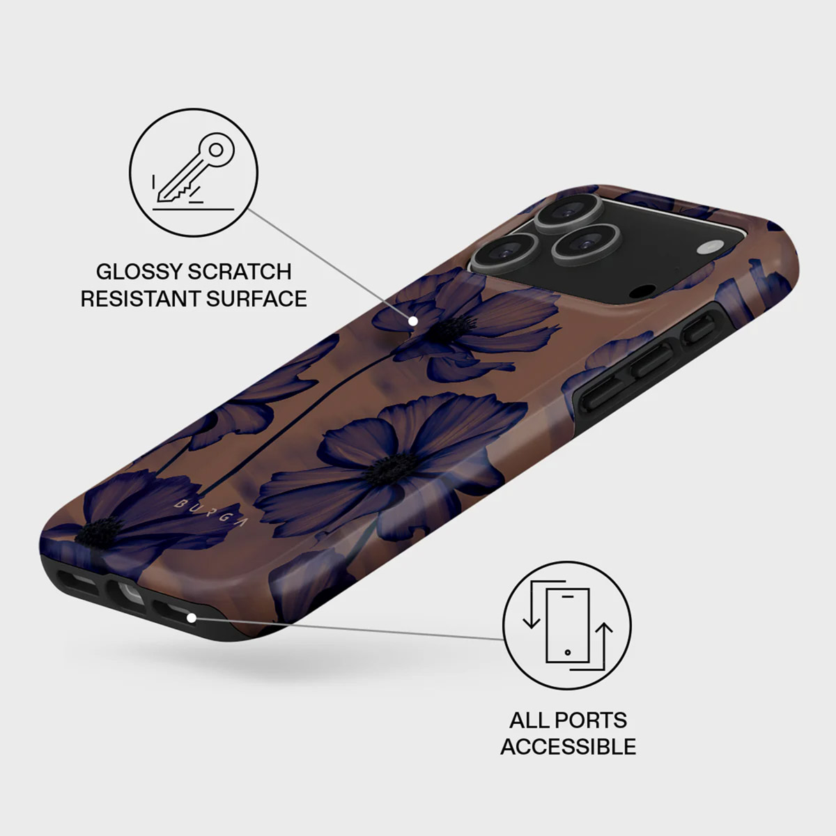 Een telefoonhoesje met donkerblauwe bloemen op een bruine achtergrond. Het heeft de tekst 'Glanzend krasbestendig oppervlak' en 'Alle poorten toegankelijk'.